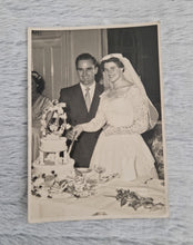 Load image into Gallery viewer, Antique Vintage Wedding Photograph | Bride and Groom Cutting Wedding Cake | Sepia Portrait Photo 15.