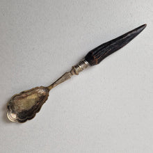 Load image into Gallery viewer, Antique EPNS Silver Plated Spoon with Horn Handle shallow bowl with scalloped shoulders 18cm long