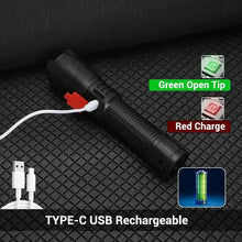 Load image into Gallery viewer, P900 LED High Power Flashlight, 20W Tactical Zoom Torch, Rechargeable With 800mAh Lithium Battery, USB-C Cable Included, For Camping & Emergency Non-Waterproof - Black