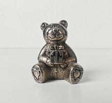 Load image into Gallery viewer, Silver Tone Teddy Bear Holding Present Figurine Ornament Collectible 4cm Gift