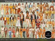Load image into Gallery viewer, 1970s Retro Men Women & Kids Fashion Images DIY Stickers, Retro Junk Journal, Retro Ephemera, Fussy Cuts,Instant Digital Download, 65 images