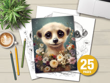 Load image into Gallery viewer, 25 Cute Flower Meerkats Coloring Book – For Adults and Kids | Grayscale Coloring Pages | Instant Download | Printable PDF