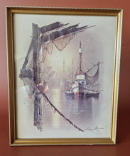 Load image into Gallery viewer, Fishing Trawler by Andres Orpinas, Vintage Framed Art Print, Boats and Seagulls