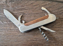 Load image into Gallery viewer, Stainless pocket knife multi-tool with wooden insert in handle , 5 in 1 tool