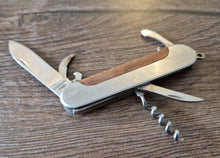 Load image into Gallery viewer, Stainless pocket knife multi-tool with wooden insert in handle , 5 in 1 tool
