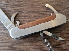 Load image into Gallery viewer, Stainless pocket knife multi-tool with wooden insert in handle , 5 in 1 tool
