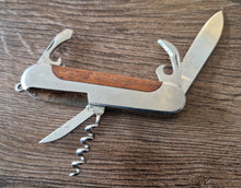 Load image into Gallery viewer, Stainless pocket knife multi-tool with wooden insert in handle , 5 in 1 tool