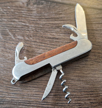 Load image into Gallery viewer, Stainless pocket knife multi-tool with wooden insert in handle , 5 in 1 tool