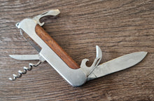 Load image into Gallery viewer, Stainless pocket knife multi-tool with wooden insert in handle , 5 in 1 tool