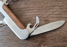 Load image into Gallery viewer, Stainless pocket knife multi-tool with wooden insert in handle , 5 in 1 tool