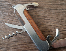 Load image into Gallery viewer, Stainless pocket knife multi-tool with wooden insert in handle , 5 in 1 tool