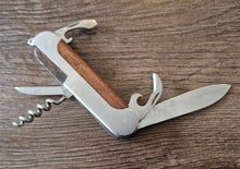 Load image into Gallery viewer, Stainless pocket knife multi-tool with wooden insert in handle , 5 in 1 tool