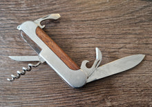 Load image into Gallery viewer, Stainless pocket knife multi-tool with wooden insert in handle , 5 in 1 tool