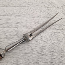 Load image into Gallery viewer, Antique steel meat fork with wooden handle and steel cuff