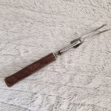 Load image into Gallery viewer, Antique steel meat fork with wooden handle and steel cuff