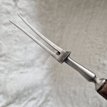 Load image into Gallery viewer, Antique steel meat fork with wooden handle and steel cuff