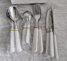 Load image into Gallery viewer, Travel / Camping Cutlery Set for 4 people, Reusable Tableware Includes Knives, Forks and Spoons white colour plastic handles