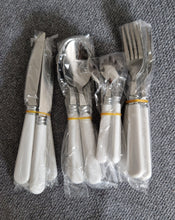 Load image into Gallery viewer, Travel / Camping Cutlery Set for 4 people, Reusable Tableware Includes Knives, Forks and Spoons white colour plastic handles