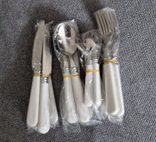 Load image into Gallery viewer, Travel / Camping Cutlery Set for 4 people, Reusable Tableware Includes Knives, Forks and Spoons white colour plastic handles
