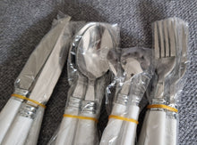 Load image into Gallery viewer, Travel / Camping Cutlery Set for 4 people, Reusable Tableware Includes Knives, Forks and Spoons white colour plastic handles