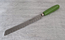 Load image into Gallery viewer, Fine vintage bread or carving knife with green painted wooden handle Made by The Granton Knife, Sheffield England ,stainless stee, 31cm longl