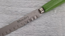 Load image into Gallery viewer, Fine vintage bread or carving knife with green painted wooden handle Made by The Granton Knife, Sheffield England ,stainless stee, 31cm longl