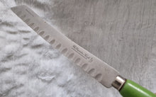 Load image into Gallery viewer, Fine vintage bread or carving knife with green painted wooden handle Made by The Granton Knife, Sheffield England ,stainless stee, 31cm longl