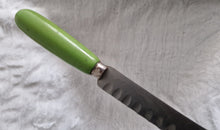 Load image into Gallery viewer, Fine vintage bread or carving knife with green painted wooden handle Made by The Granton Knife, Sheffield England ,stainless stee, 31cm longl