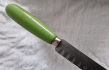 Load image into Gallery viewer, Fine vintage bread or carving knife with green painted wooden handle Made by The Granton Knife, Sheffield England ,stainless stee, 31cm longl