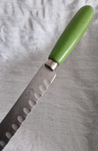 Load image into Gallery viewer, Fine vintage bread or carving knife with green painted wooden handle Made by The Granton Knife, Sheffield England ,stainless stee, 31cm longl