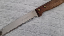 Load image into Gallery viewer, Vintage Kitchen Serrated Bread Knife Richardson Sheffield Laser Patent Stainless Steel Wood Handle
