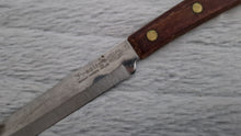 Load image into Gallery viewer, A vintage Prestige brand cheese knife. Hollow Ground, Vanadium Stainless Steel with a riveted wooden handle, Made In England, 19.5cm long