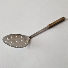 Load image into Gallery viewer, Vintage Stainless Steel Strainer Spoon Utensil, Wooden Handle, Retro Kitchenalia, 25.5cm Long