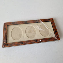 Load image into Gallery viewer, Vintage Addison Ross London MH63M7 Brown Star Marquetry 3x7 triple image photo frame, wooden photo frame, long photo frame, made in England, desk photo frame, 3 image frame, Oval Mount