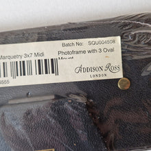 Load image into Gallery viewer, Vintage Addison Ross London MH63M7 Brown Star Marquetry 3x7 triple image photo frame, wooden photo frame, long photo frame, made in England, desk photo frame, 3 image frame, Oval Mount