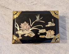 Load image into Gallery viewer, Chinese Lacquer jewellery box with Mother of Pearl Inlay & Brass embellishments 1950s