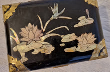 Load image into Gallery viewer, Chinese Lacquer jewellery box with Mother of Pearl Inlay & Brass embellishments 1950s