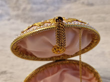 Load image into Gallery viewer, Decorated Egg Elegance Trinket Jewellery Box Pink Gold with Floral Decoration On Metal Stand