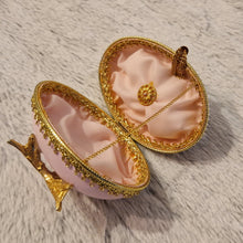 Load image into Gallery viewer, Decorated Egg Elegance Trinket Jewellery Box Pink Gold with Floral Decoration On Metal Stand