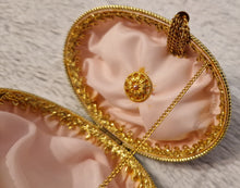 Load image into Gallery viewer, Decorated Egg Elegance Trinket Jewellery Box Pink Gold with Floral Decoration On Metal Stand
