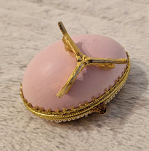 Load image into Gallery viewer, Decorated Egg Elegance Trinket Jewellery Box Pink Gold with Floral Decoration On Metal Stand