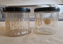 Load image into Gallery viewer, 2 x Fowler's Tate Lyle Golden Syrup Storage Container Jars with Black Lids 70s Advertising