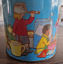 Load image into Gallery viewer, Vintage Children Playing Chef and Baker with Ingredients Blue Tin Metal Canister