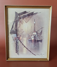 Load image into Gallery viewer, Fishing Trawler by Andres Orpinas, Vintage Framed Art Print, Boats and Seagulls