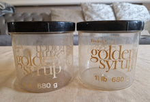 Load image into Gallery viewer, 2 x Fowler's Tate Lyle Golden Syrup Storage Container Jars with Black Lids 70s Advertising