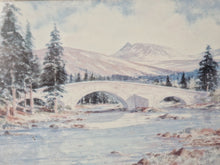 Load image into Gallery viewer, Vintage Print In Wooden Frame: Landscape Watercolour Painting Of Bridge, Trees, Rocks, Water & Mount