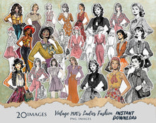 Load image into Gallery viewer, Vintage 1970s Ladies Fashion Sketch Illustration Fussy Cut Cut Out Art Image 20 PNG Images Instant Download DIY Stickers Ephemera Clip Art