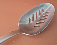 Load image into Gallery viewer, Vintage Boots slotted stainless steel serving spoon black plastic handle , Old Kitchenalia