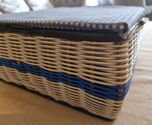 Load image into Gallery viewer, Vintage Blue White Wicker Sewing Box Basket With Handle Blue Satin Material Inside Wicker Sewing