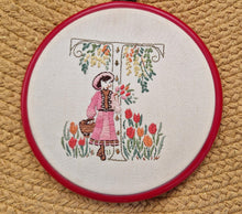 Load image into Gallery viewer, Yesterday completed embroidery picture in the embroidery ring for hanging, young girl with basket, f